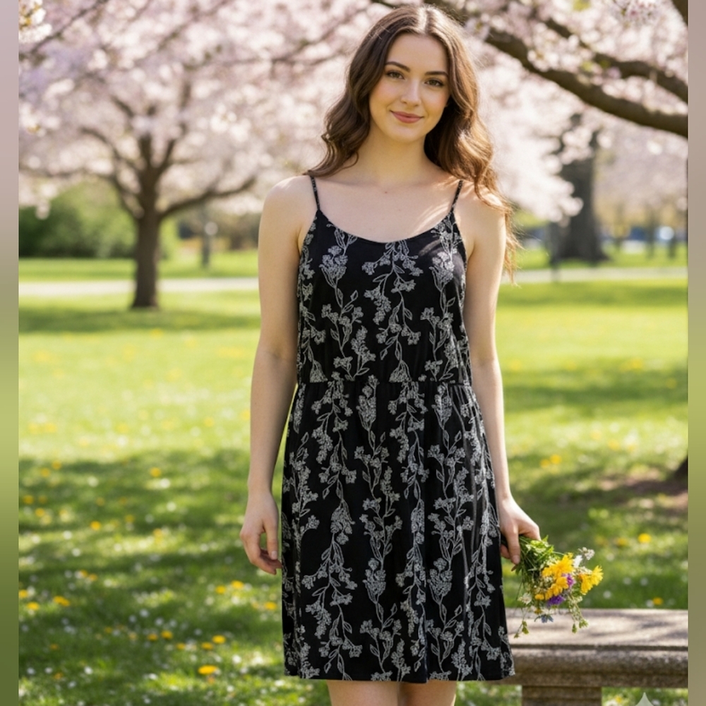 OLD NAVY FLORAL BLACK WITH WHITE FLORAL PATTERN SUNDRESS WOMEN'S SIZE L